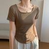 Women's Summer Short-sleeved Irregular Arc Slim Thin U-neck Cotton T-shirt