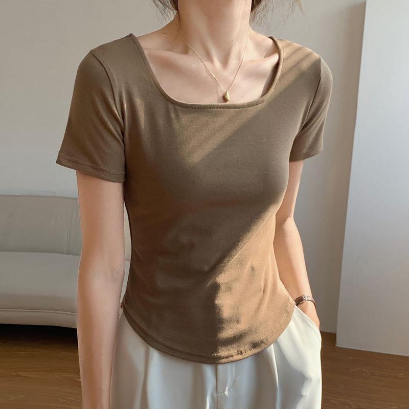 Women's Summer Short-sleeved Irregular Arc Slim Thin U-neck Cotton T-shirt