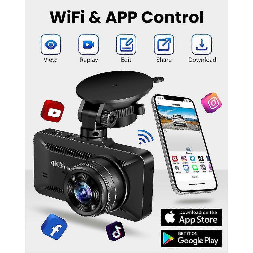 4K WiFi Dash Cam for Cars, Dual Channel Front & Rear Camera, Night Vision Capability, Parking Mode, 32GB SD Storage