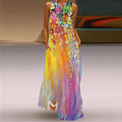Summer Retro Printed Long Skirt V Neck Long Sleeveless Dress Beach Vacation Casual Dresses
