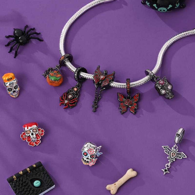 New Halloween Charms Beads 925 Silver Red Rose Black Butterfly Spider Luminous Skull Pendant For Bracelet DIY Jewelry Gifts