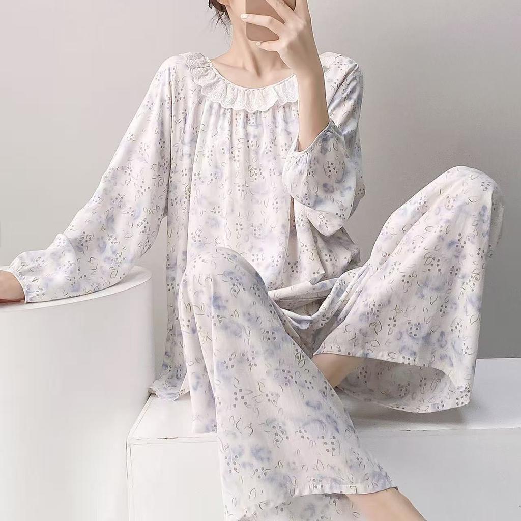 Spring and Summer New Plaid Printing Crew Neck Lace Long-sleeved Trousers Pajamas Set Women's Loungewear Loose Spot