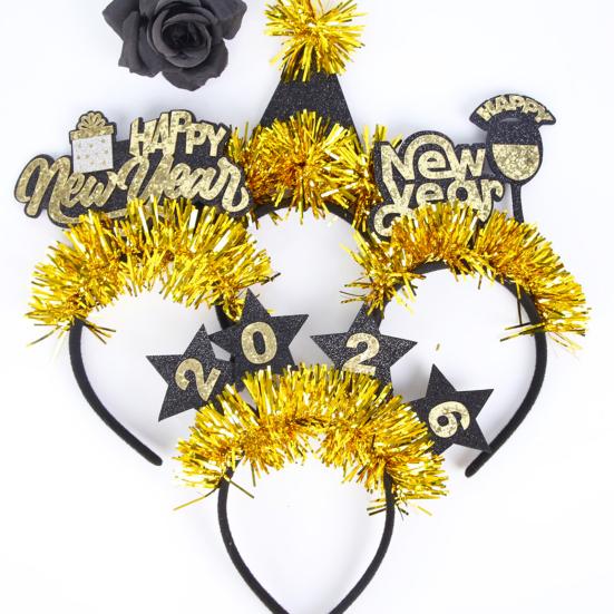 2026 New Year Headband with Number Logo Black Golden Sequin Design Streamer Decorated Hair Hoop Team Unity Prop