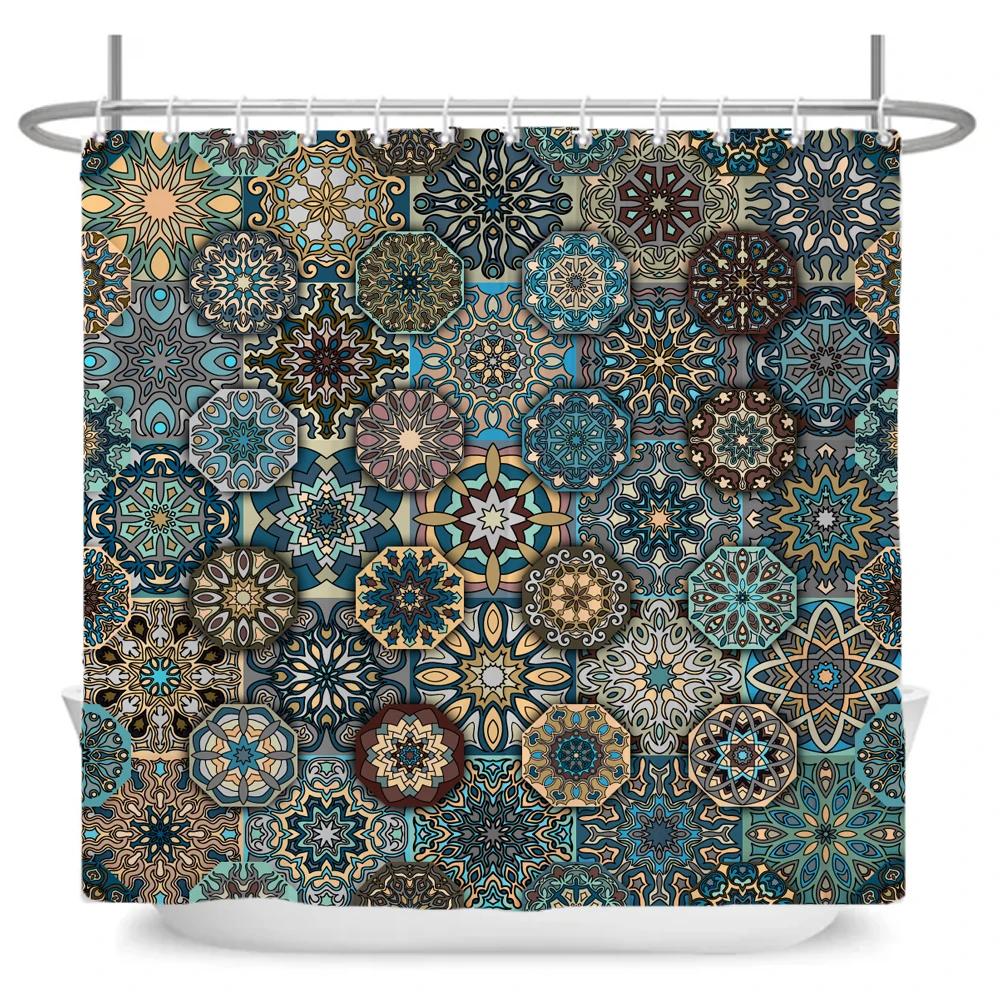 Sztuka łazienkowa Styl boho Zasłona prysznicowa Średniowieczna minimalistyczna sztuka Boho Poliester Zasłona do łazienki 180X180cm Z 12 haczykami