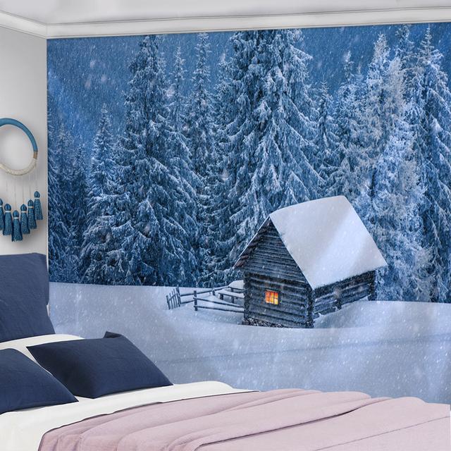 Tapisserie murale à suspendre avec paysage de neige et sapin de Noël, flocon de neige, maison, cadeau de vacances, décoration d'intérieur psychédélique rétro bohème