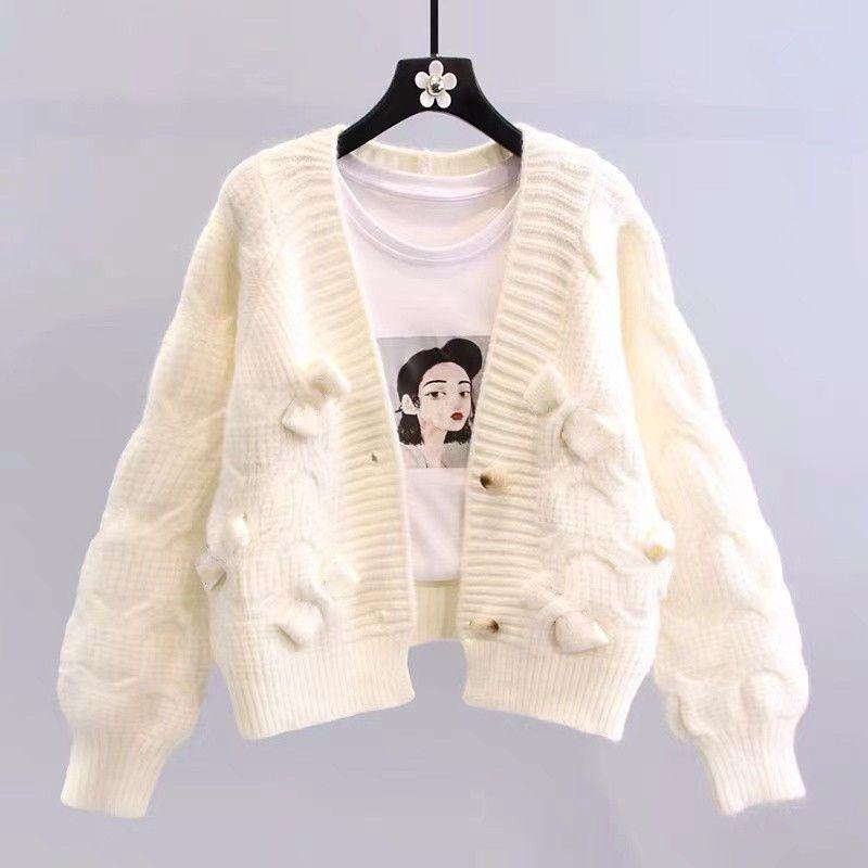 Pullover Damen Herbst und Winter Oberbekleidung Retro Japanischer Lazy Style V-Ausschnitt Schleife Locker gestrickte Strickjacke
