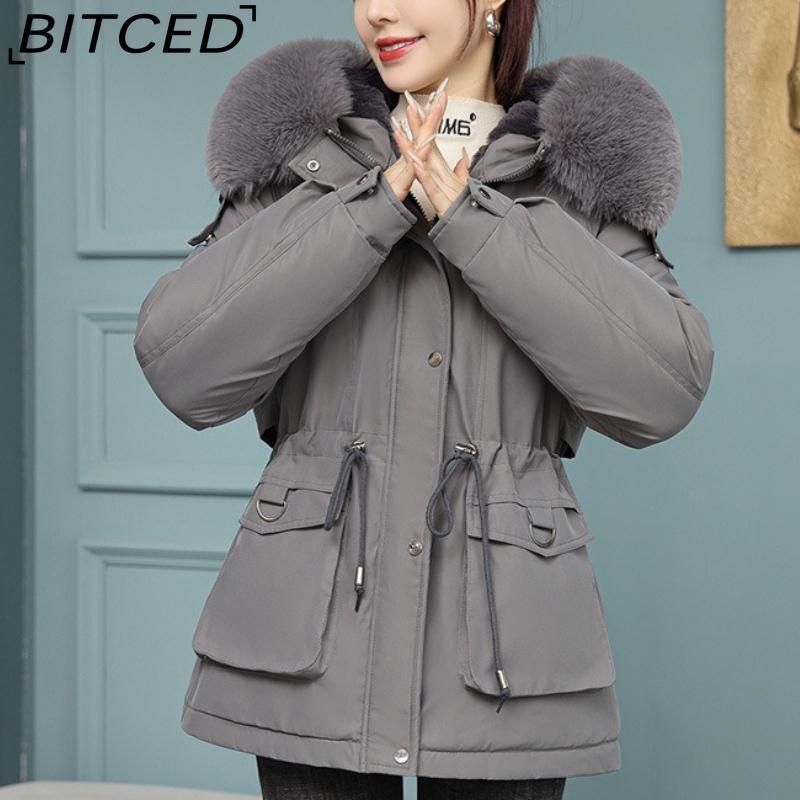 BITCED Women's Fleece-Lined Thickened Puffer Coat - Short Winter Style with Large Fur Collar, Slim-Fit and Flattering Cotton-Blend Outerwear