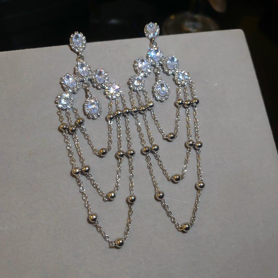 Silver Needle Super Flash Zircon Water Drop Fringed Stud Earrings, Ins Light Luxury High Sense Niche Earrings