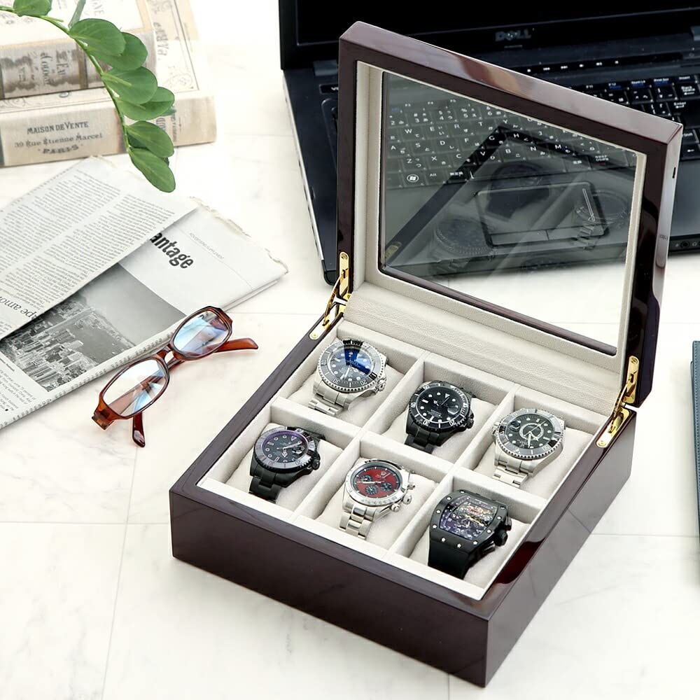 IGIMI Watch Holds 6 Wooden with Brown Wood Grain Labor Appreciation Box, Watches, Window, Pattern, Senari,