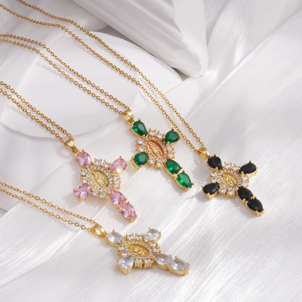 Light Zircon Cross Necklace Retro European Style Crucifix Pendant Chain  Church