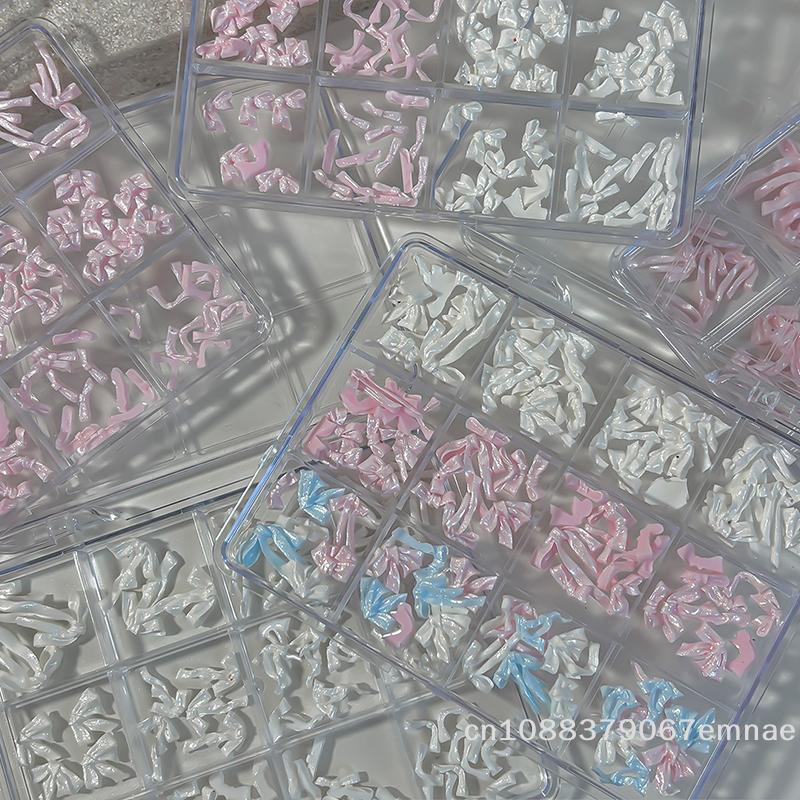 48/72Pcs Soft Carved Resin Bow Tie Nail Art Decorations Rhinestone Nail Charms Bowknot Satin Light Ribbon Bow for DIY Nail Art