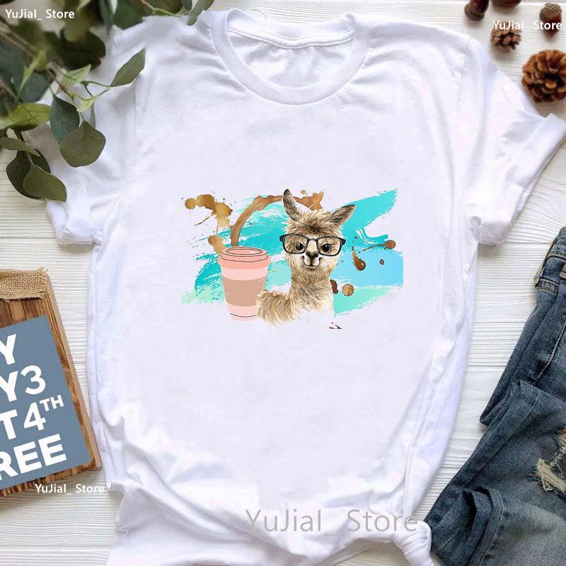Kawaii Alpaca With Flowers And Coffee Print T Shirt Girls Summer Short Sleeve Tshirt Femme Fashion Tops Tee Shirt Female