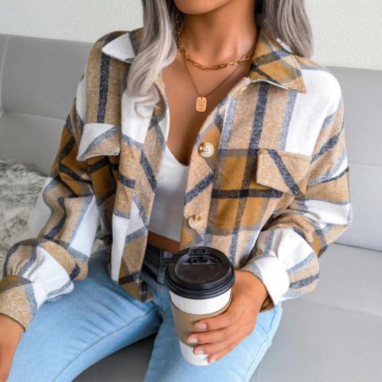 Women Loose Jacket Contrast Color Plaid Print Turn Down Collar Single Breasted Fake Pocket Long Sleeves Fall Spring Commuting