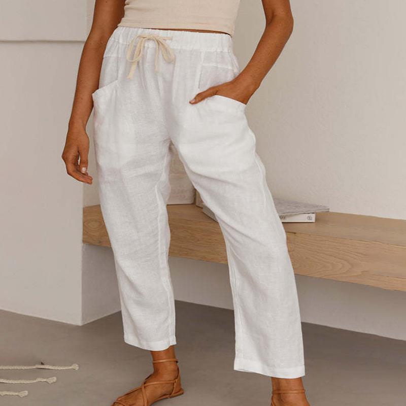 Women Spring Fall Fashion Wardrobe Staple Versatile Solid Color Cotton Linen High-Waisted Straight-leg Ankle Pants Trousers