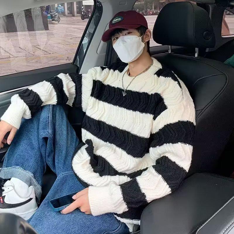 Striped Crew Neck Thickened Sweater Men's Spring and Autumn Loose Lazy Wind 2025 New Outer Wear Knitted Sweater Jacket