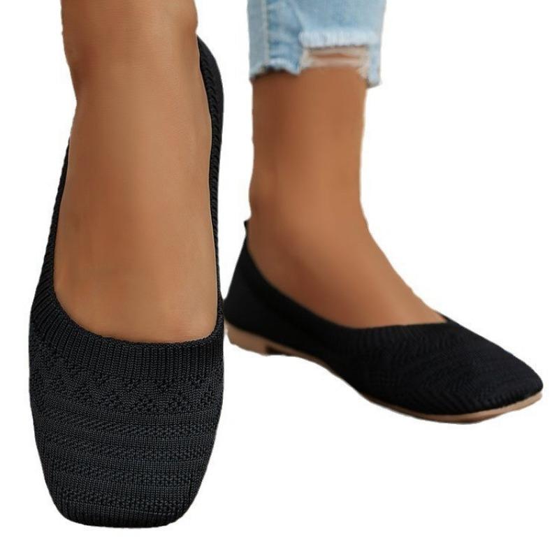 Large size spring new flat bottom square head foot cover shallow mouth single shoes women's knitted fashion versatile shoes