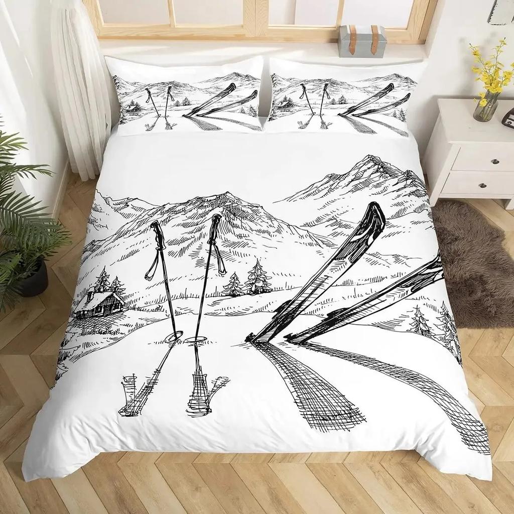 Ski Sport Bettbezug Set Doppelgröße Wintersport Skifahren Bettwäschesets Schneebirgenlandschaft Bettdeckenbezug für Jungen Mädchen