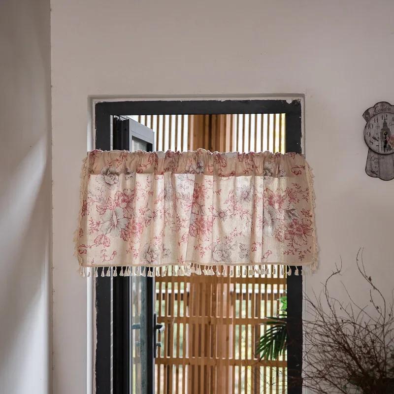 American European Vintage peony floral curtains For living room bedroom window linen curtain short Cabinet Curtain for Kitchen