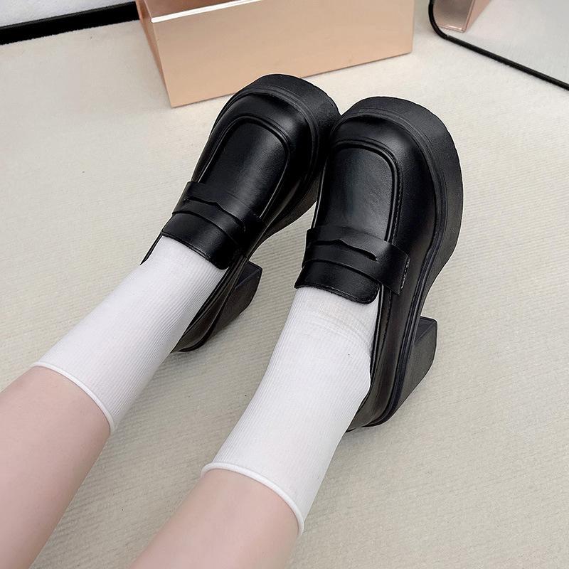 

Женские лоферы на высоком каблуке, новый стиль, модные, на толстом каблуке, на толстой подошве, нескользящие, повседневные, маленькие черные кожаные туфли, туфли Мэри Джейн 38