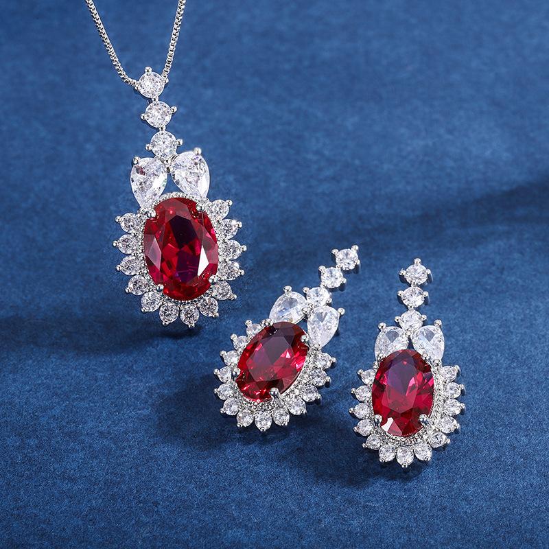 Jewelry Retro Simulation Red Glass Jewelry Set Stud Earrings Main Stone 8 * 12 Pendant 10 * 14