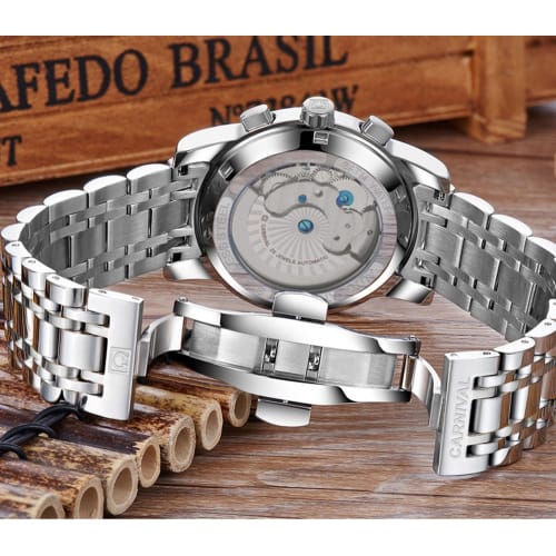 Men's Tourbillon Automatic Mechanical Watch, Silver Stainless Steel, Multi-Function, Blue Watch, Silver/Blue, Rose Gold/White