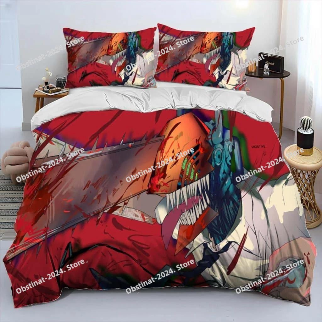 Juego de cama edredón de dibujos animados 3D Anime Chainsaw Man Denji, funda nórdica juego de cama funda de edredón funda de almohada, juego de cama tamaño king queen