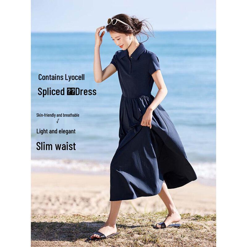 Women s Lyocell Blend Polo Collar Midi Dress L