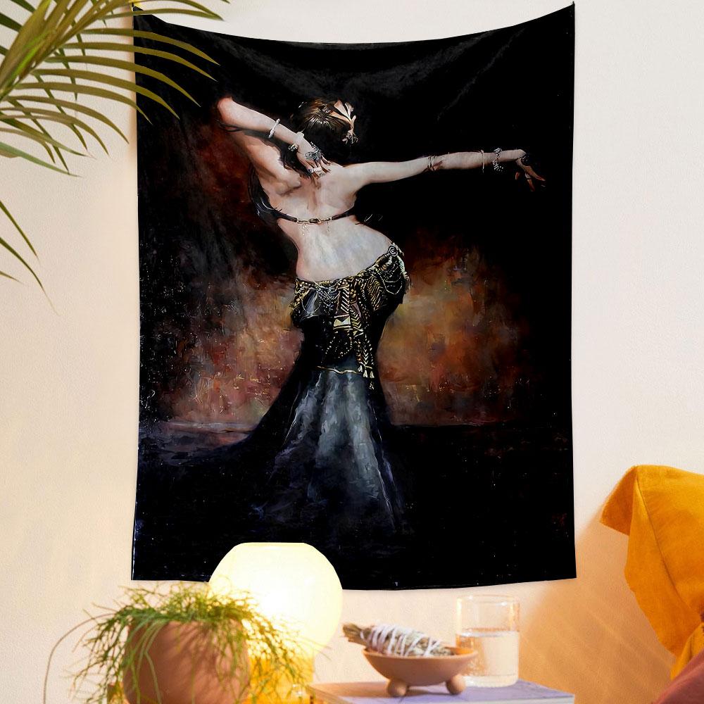 A graceful figure in a decorative outfit with dynamic, flowing movement. Patterned tapestry for bedroom and living room home decor