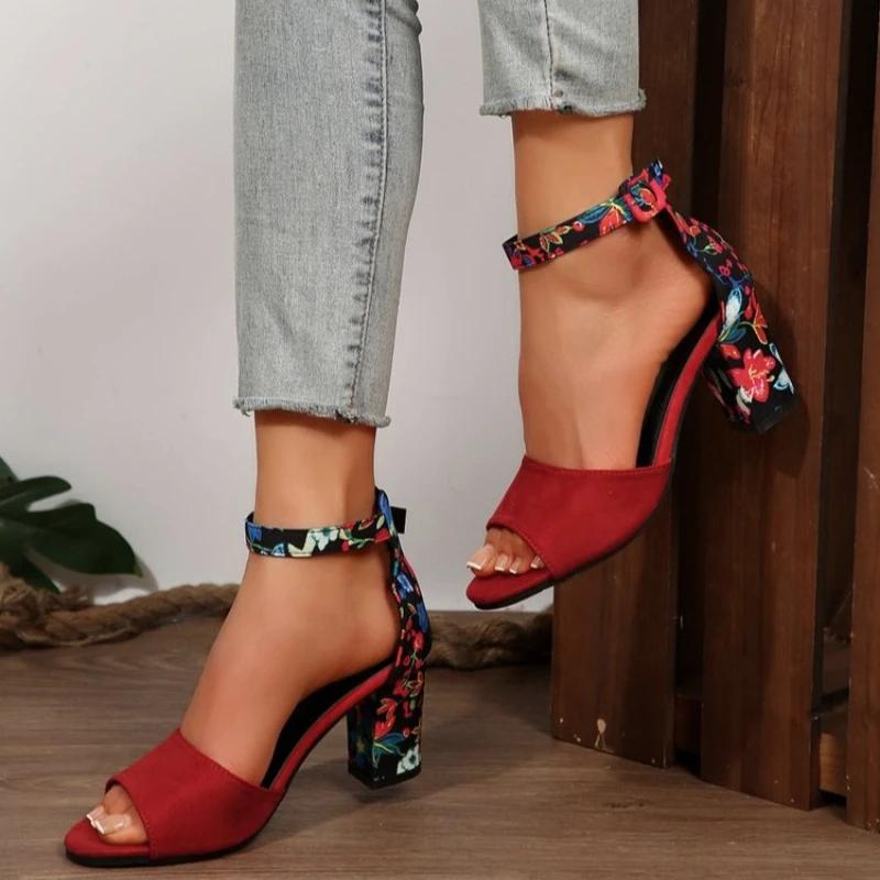 Fashion 2025 Summer Shoes Sqaure High Sandals Vintage Flower Print Open Toe High Heels Woman Casual Buckle Ankle Strap Sandalse