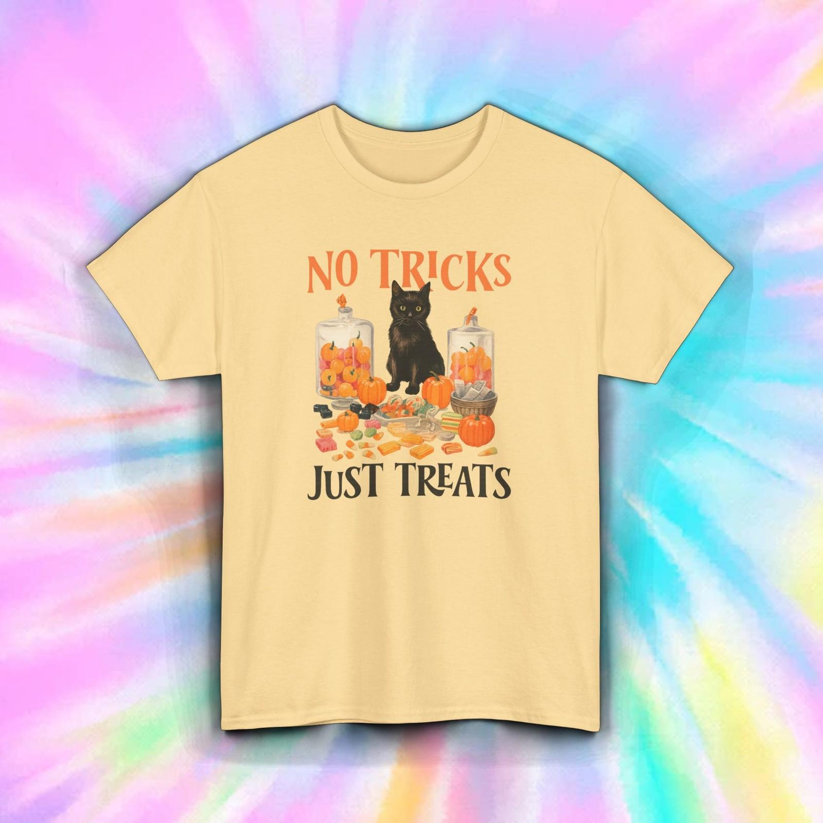 No Tricks Just Treats Shirt Halloween Black Cat Candy Pumpkin Fall Cute Tee S-5X S