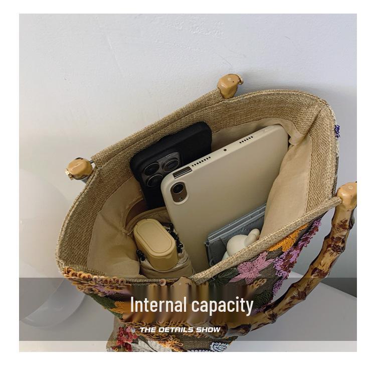 2024 Women's Cross-border Linen Bamboo Handbag with Embroidery and Sequins