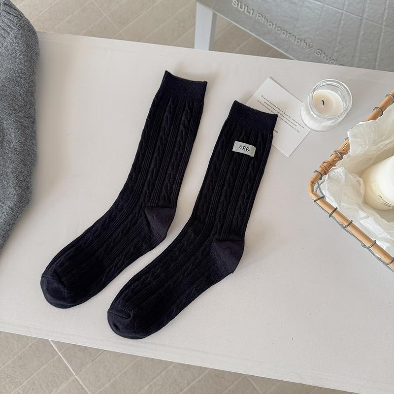 

Female Spring and Autumn Pure Color All Kinds of Sweet Hemp Pattern Letter Cloth Label In The Tube Pile Socks 1 pair чёрный