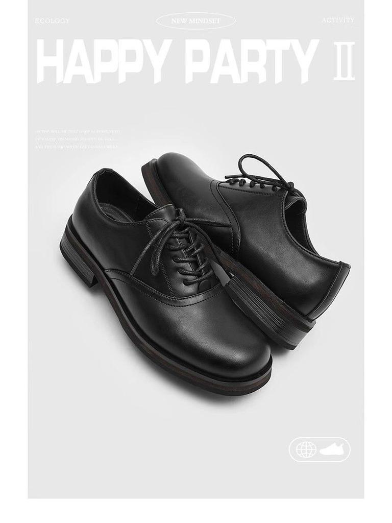 Men's Black Square Toe Leather Shoes - High-End British Style, Formal, Thick Sole, Height Increasing, Low-Top, Ideal for Commute or Wedding Groom.