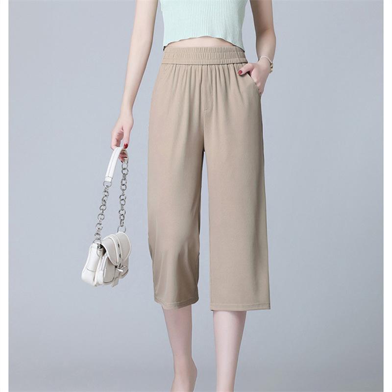2022 Summer Fashion Chic Slim Fit Wide Leg Trousers Solid Casual Elastic High Waist Loose High Street Trend Capris Pants Women