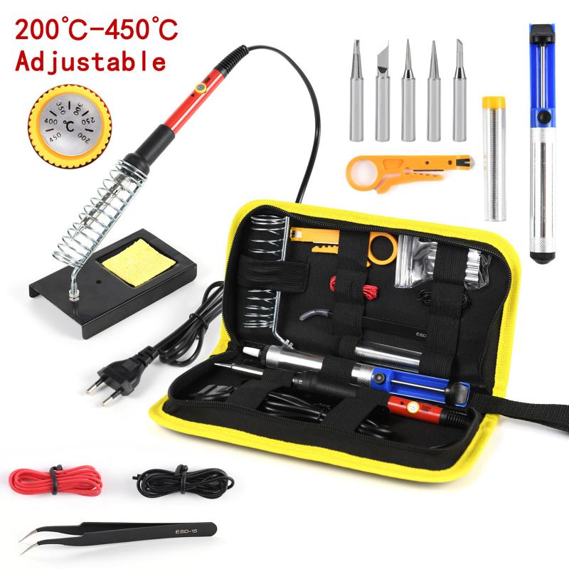 15Pcs Kit 220V 60W Soldering Iron Kit 450°C Adjustable Temperature Welding Tool Set With Solder Sucker Tin Wire Eu Plug