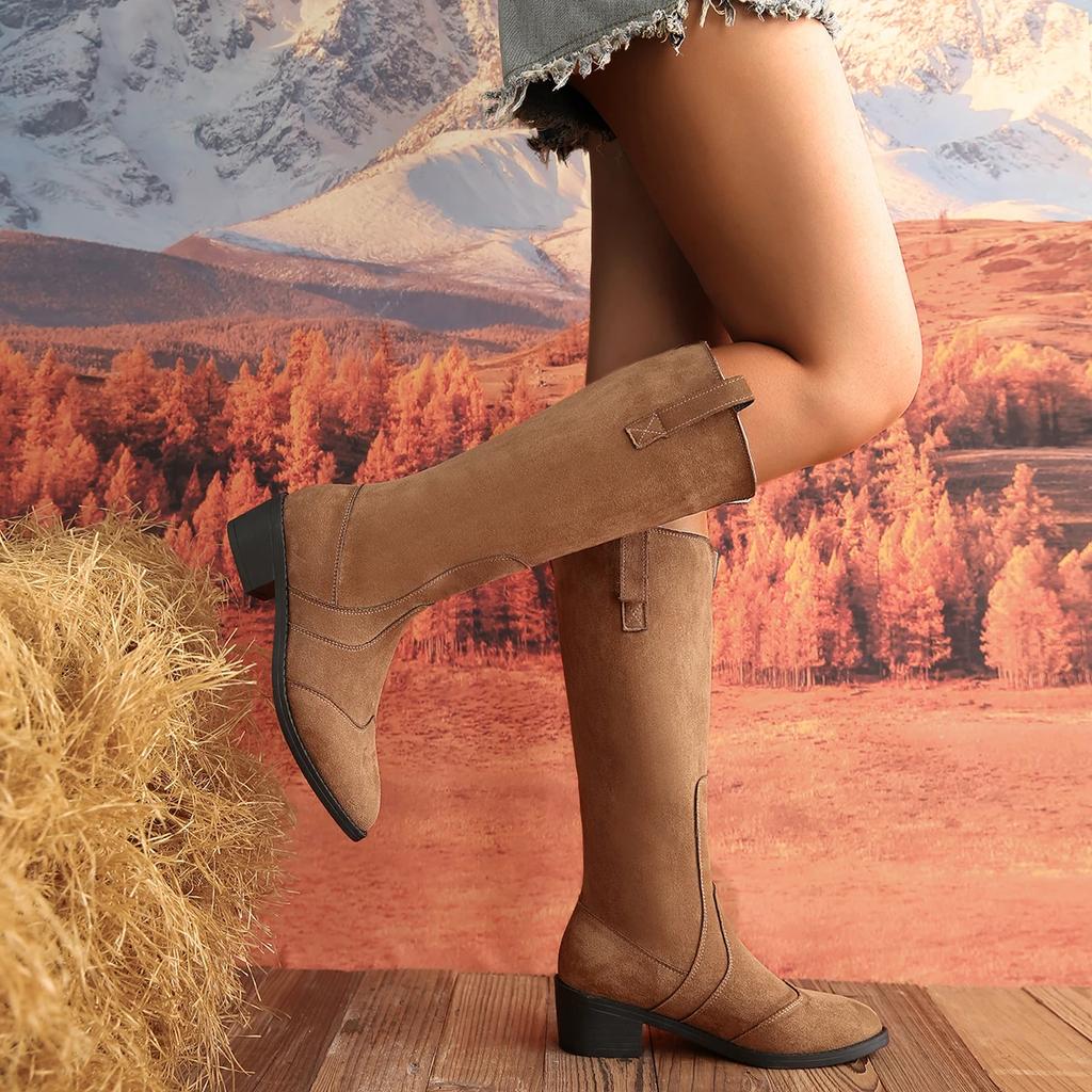2024 Winter Belt Buckle Shoes for Female Side Zip Women's Knee-High Boots Low Heel Women's Shoes Plus Size Hot Sale Ladies Boots