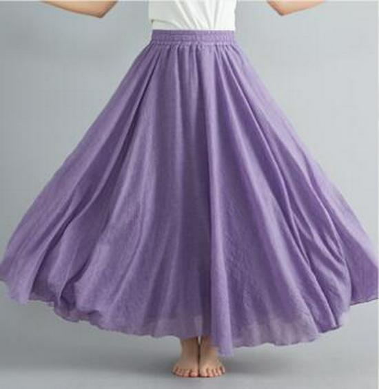 Women's Plus Size Cotton Linen Midi A-Line Skirt with Elastic Waist In 20 Colors