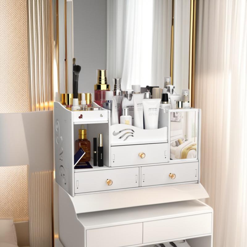 Large Capacity Dustproof Desktop Cosmetic Storage with Mirror & Drawer