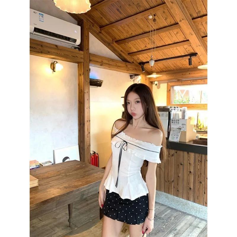 French Romantic One-shoulder T-shirt for Women Summer New Slim-fitting Short Bow Hot Girl Top Trendy