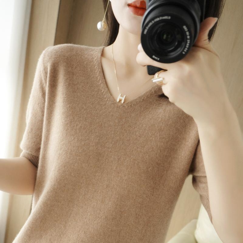 GMXIA Spring Short-sleeved Women's Fashion Sweater Sweater Knit V-neck Half-sleeved Fashion Everything Loose Base T-shirt