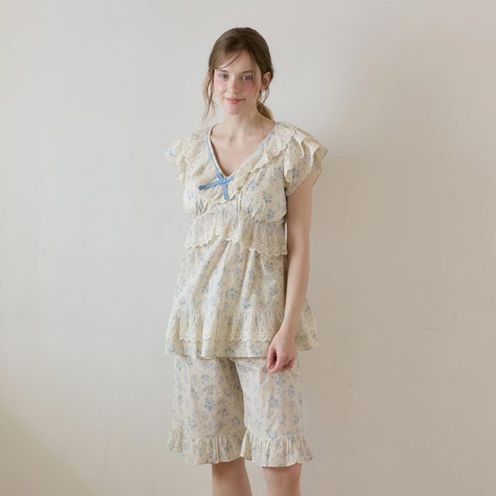Lunaluz Women Blooming Cotton Bra Cap V Neck Short sleeVe Two Piece Pajama