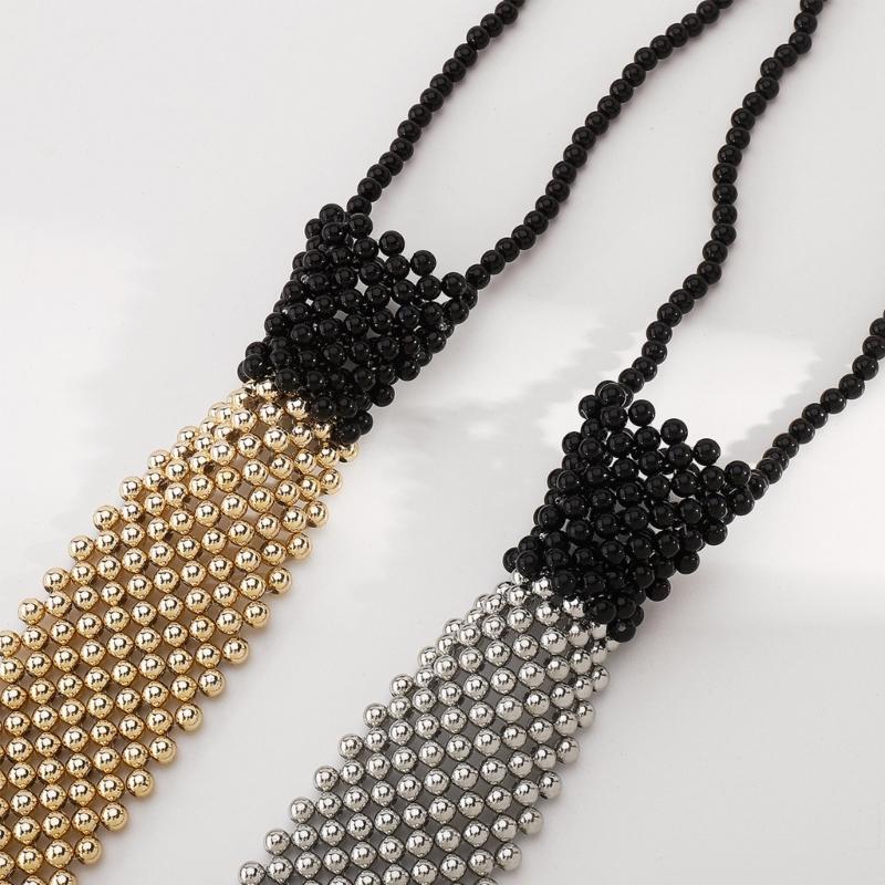 Elegant Tie Necklace with Sparkling Pearls for Formal Occasion Uniform Tie Punk Jeweled Necktie