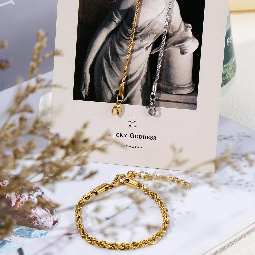 2-5MM Stainless Steel Bracelet For Women Men Gold Color Twist Rope Chain Bangle With Extended Chain Waterproof Party Jewelry