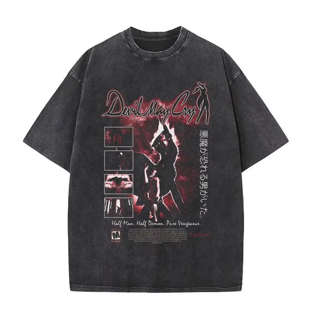 Game Devil May Cry Dante Vintage Acid Washed T-shirt Men Gothic Retro Fashion Short Sleeve T Shirts Male Hip Hop Streetwear