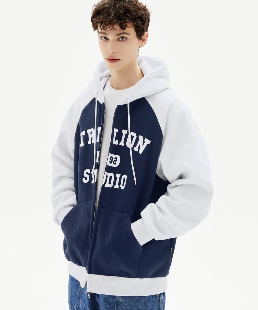 Trillion Raglan Color Mix 1992 Graphic Zip-Up Hoodie (Navy)