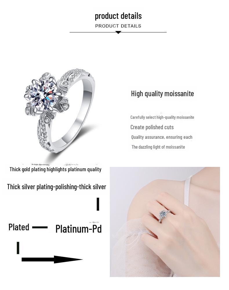Korean Style Women's Ring: 1 Carat Moissanite Diamond On PT950 Platinum-Plated Silver