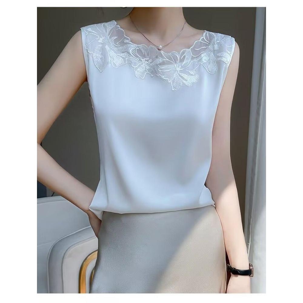 Silk Breathable Lace Camisole Loose Satin Suit Sleeveless Top Without Collar Splicing Vest