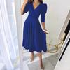2024 Women's Solid Color Pleated Waist Three-quarter Sleeve Swing Dress