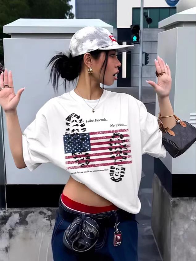 

Женская высококачественная свободная футболка из чистого хлопка с коротким рукавом реглан в американском стиле L