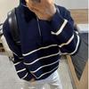Men's College-Style Striped Knit Sweater, Stand Collar, Half-Zip, Loose Fit for Autumn & Winter, Warm High-End Top